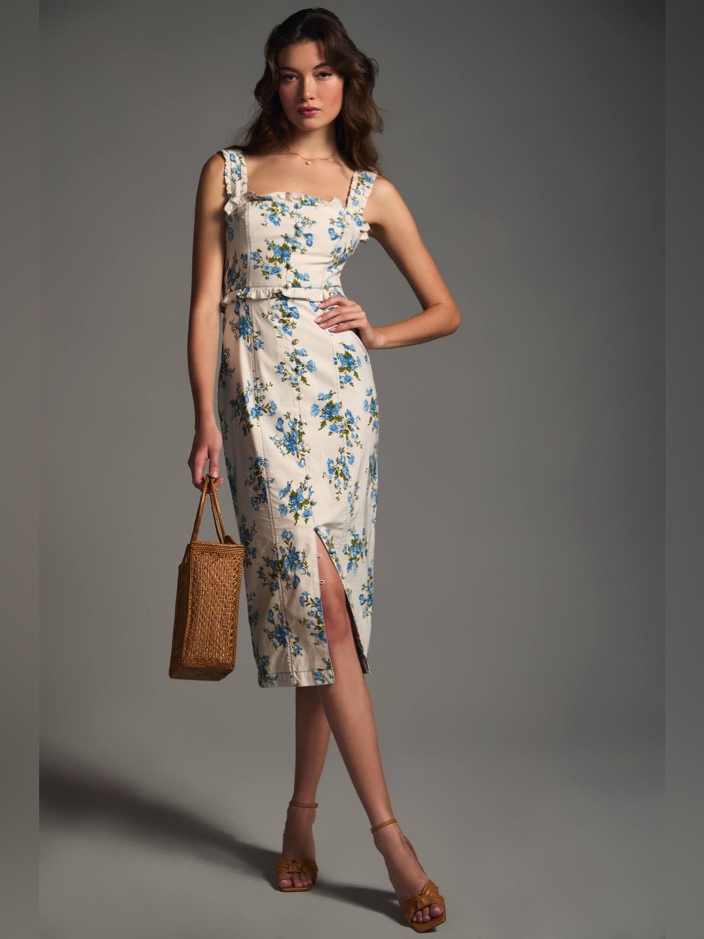 Anthropologie Blue Floral Ruffle Midi Dress Size Medium